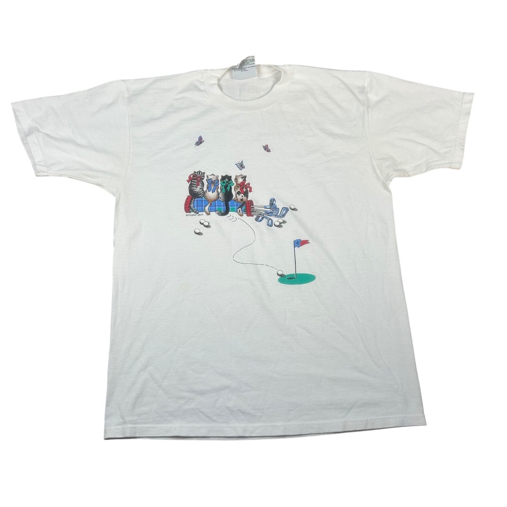 Vintage Gopher Sport White Graphic T-Shirt Cats Golfing Single Stitch Large‎ USA